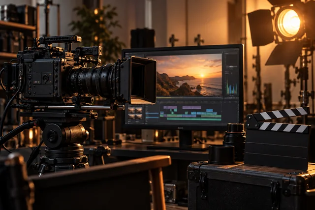 Cinema camera, editing monitor and clapperboard in a studio with warm tungsten lighting.