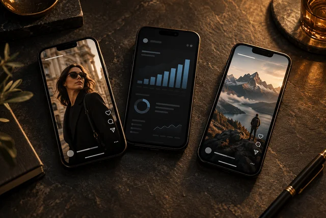 Concept composition of three mobile devices displaying lifestyle content, a campaign dashboard and a travel reel.