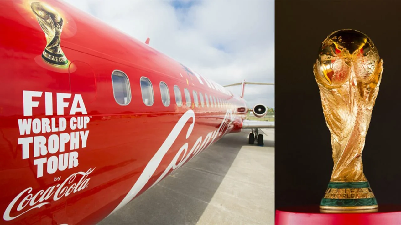 Coca-Cola FIFA World Cup Trophy Tour aircraft and trophy artwork