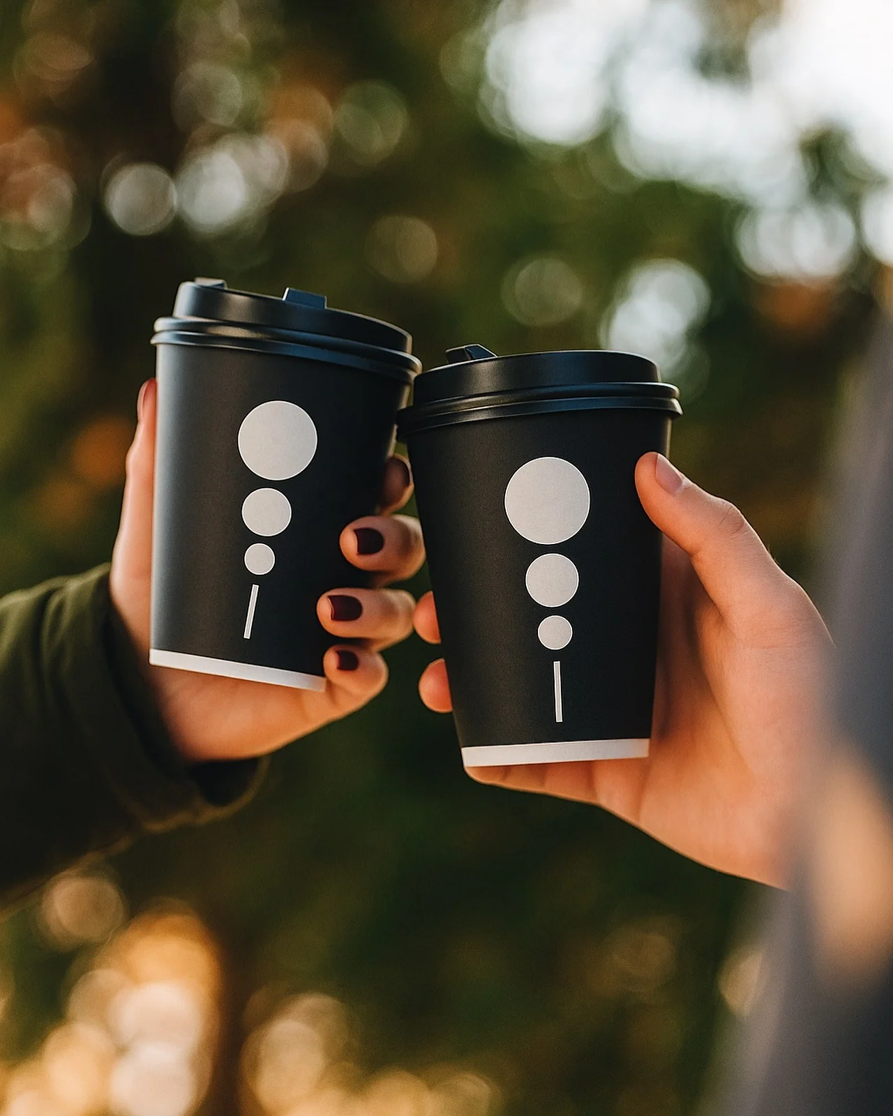 Two black KAFI cups raised together outdoors
