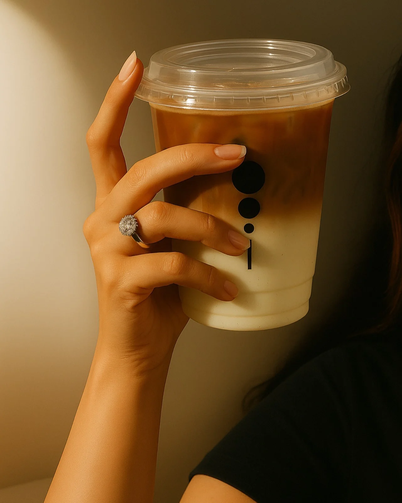 A layered iced coffee held against a warm background