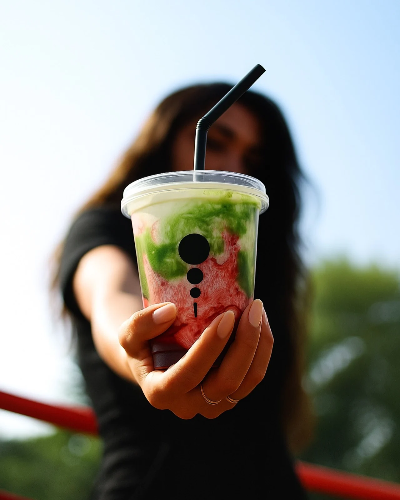 A green KAFI drink held toward the camera